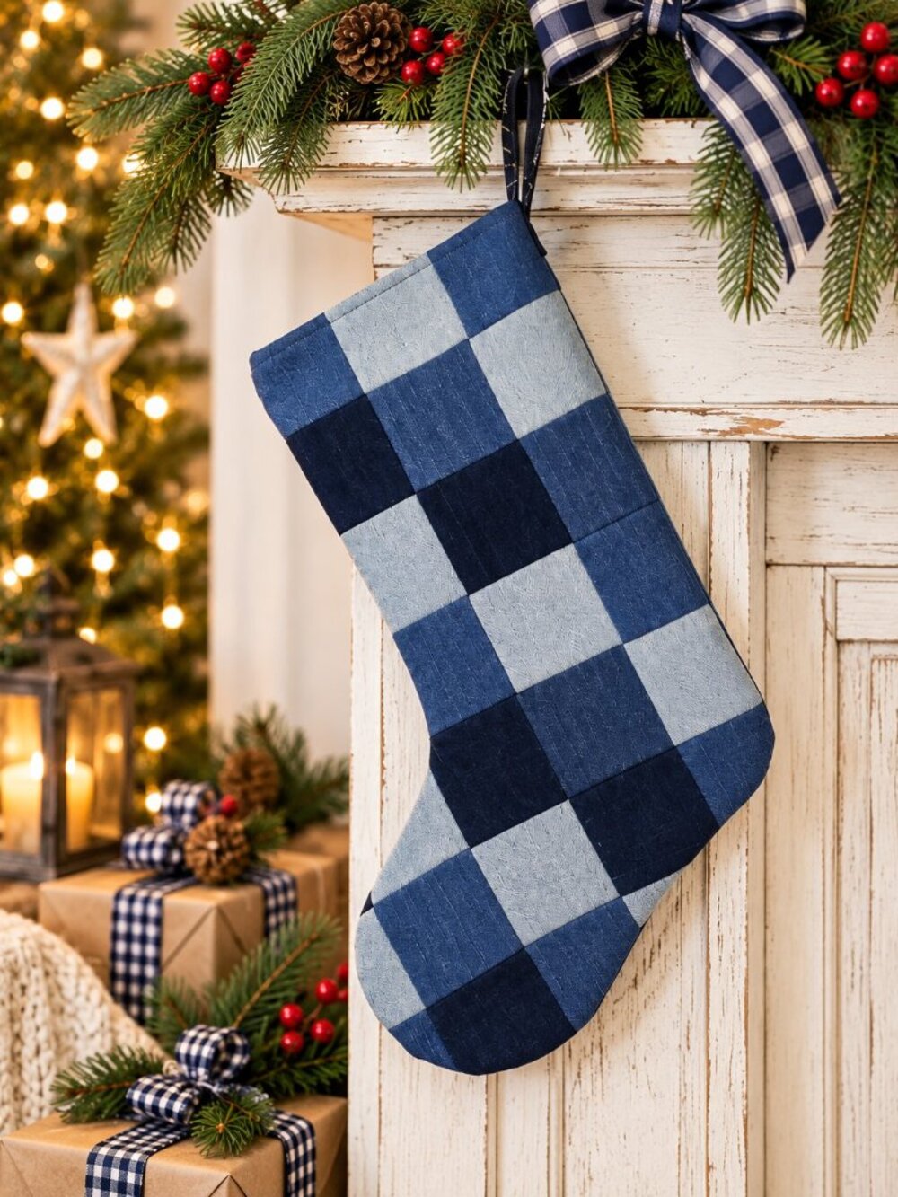 Hand Made Upcycled Blue Patchwork Denim Hanging Christmas Stocking 17.5" Lined